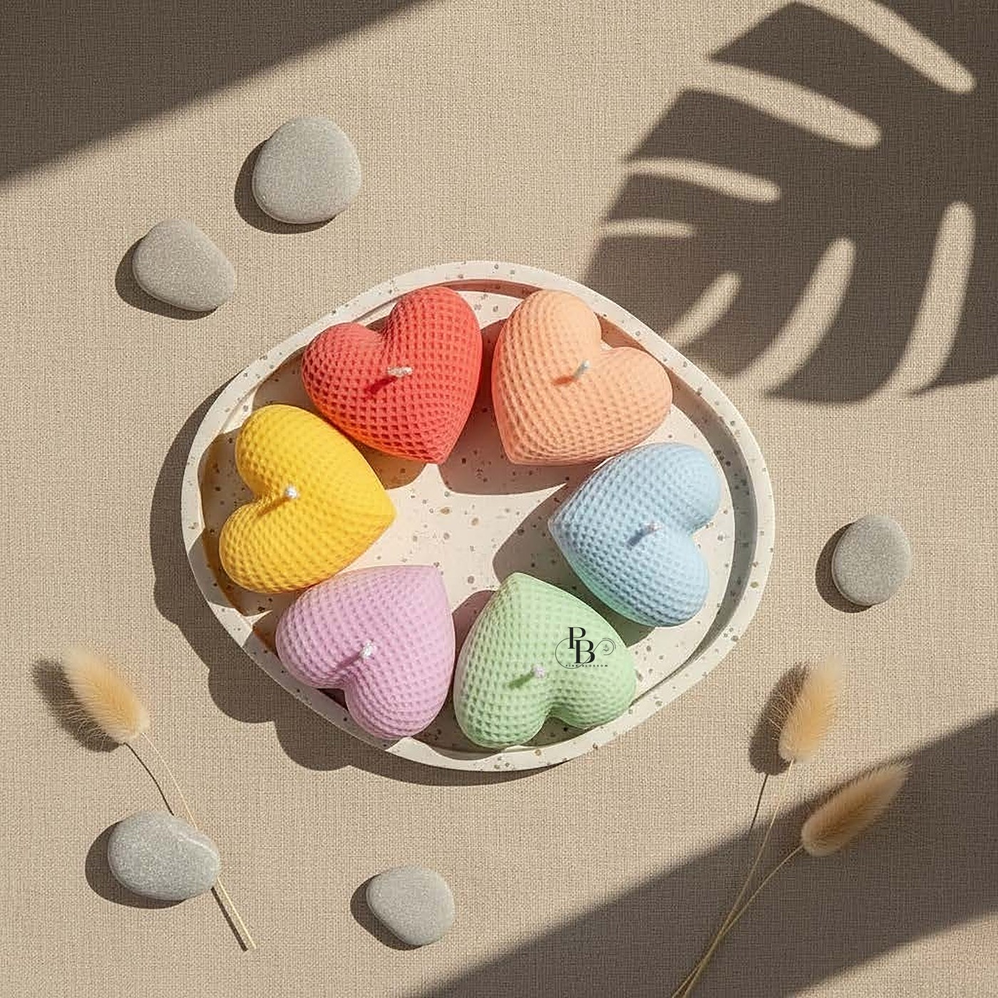 Quilted heart candles arranged in a circle on a round tray, 2 Inches, handmade soy wax, Pink Blossom bulk order