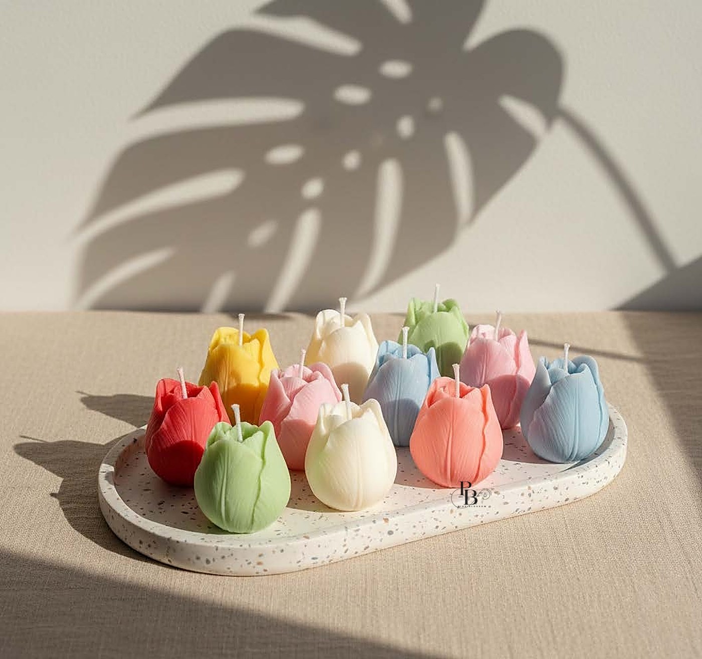 Tulip bud candles grouped on a speckled tray, handmade soy wax, Pink Blossom bulk order