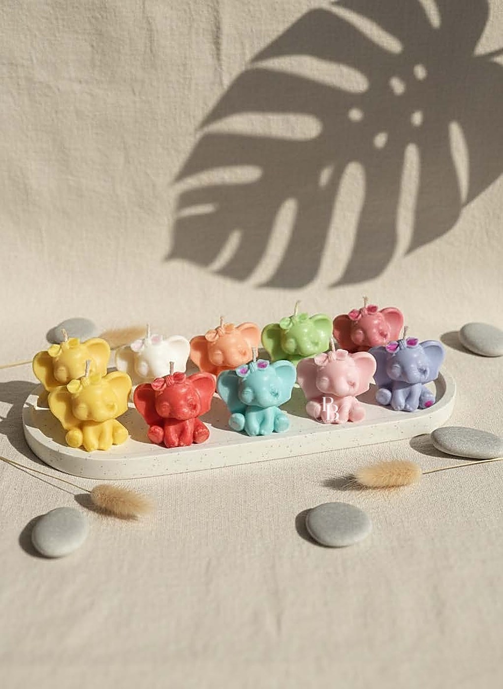 Small seated animal candles on a long oval tray, handmade soy wax, Pink Blossom bulk order