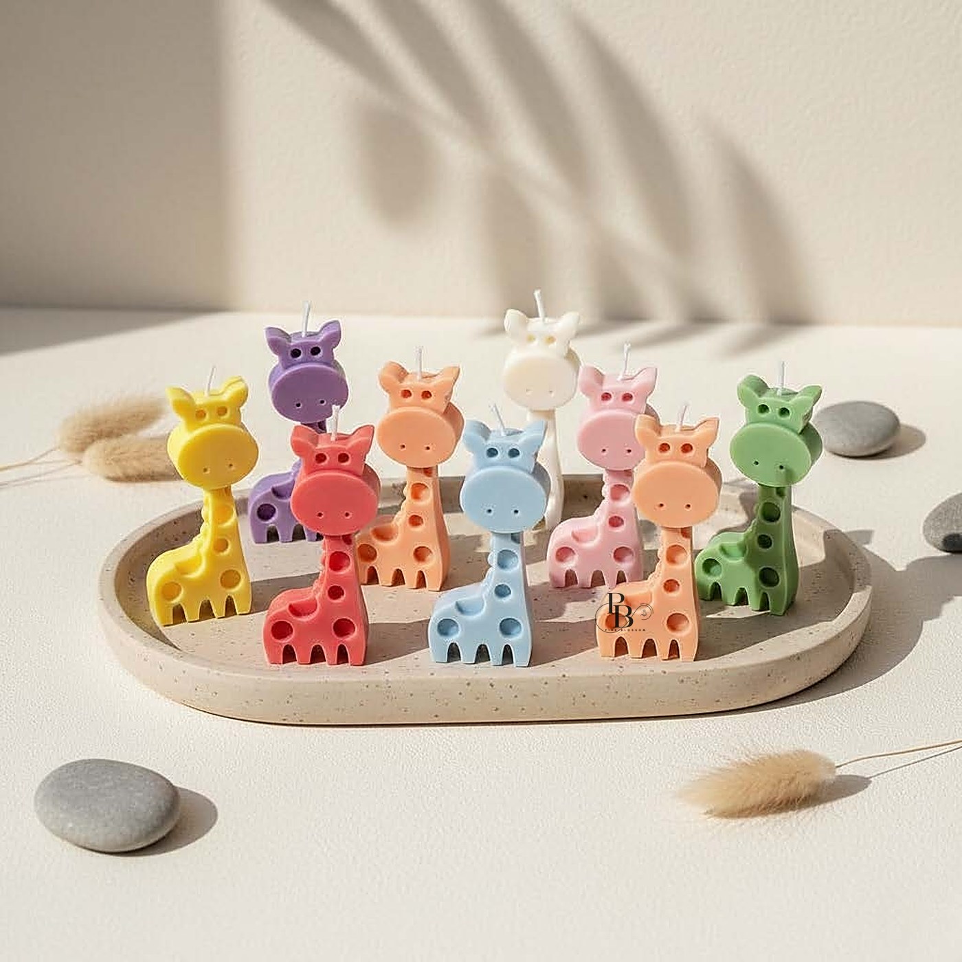 Spotted giraffe candles standing on an oval tray, handmade soy wax, Pink Blossom bulk order