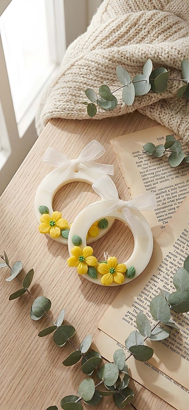 Ring-shaped wax sachets decorated with small yellow flowers, handmade soy wax, Pink Blossom bulk order