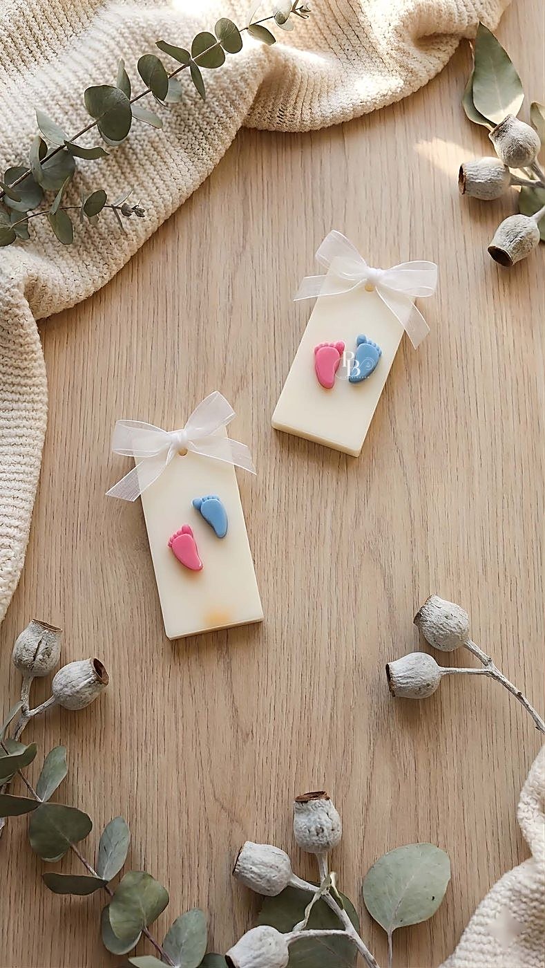 Small wax sachets with pink and blue baby footprints, handmade soy wax, Pink Blossom bulk order
