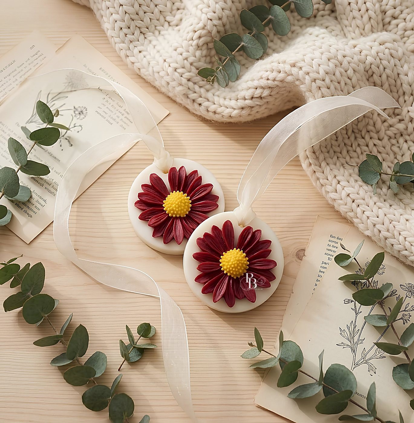 Round wax sachets featuring maroon gerbera daisies on ribbon, handmade soy wax, Pink Blossom bulk order