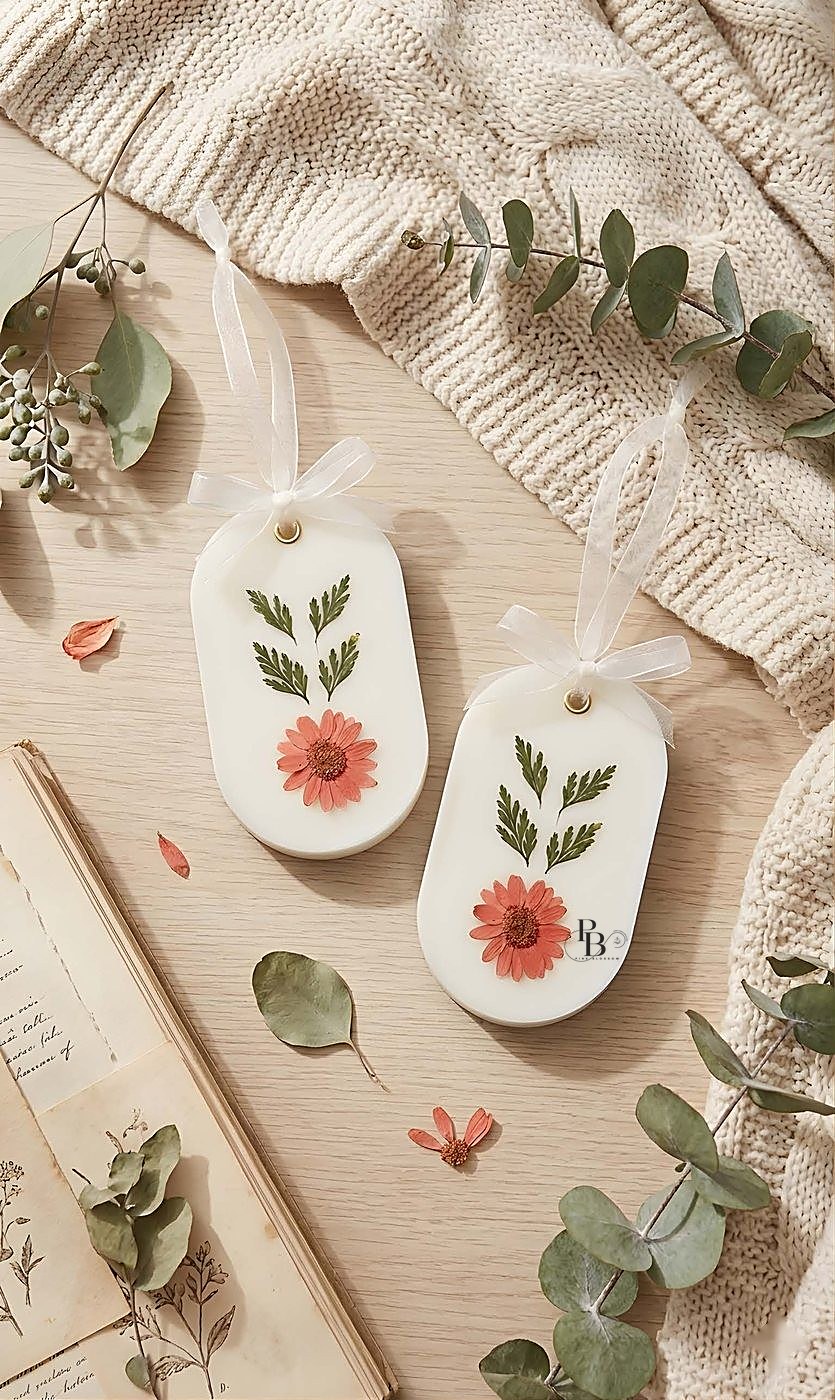 Oval wax sachets with an orange flower and green sprig design, handmade soy wax, Pink Blossom bulk order