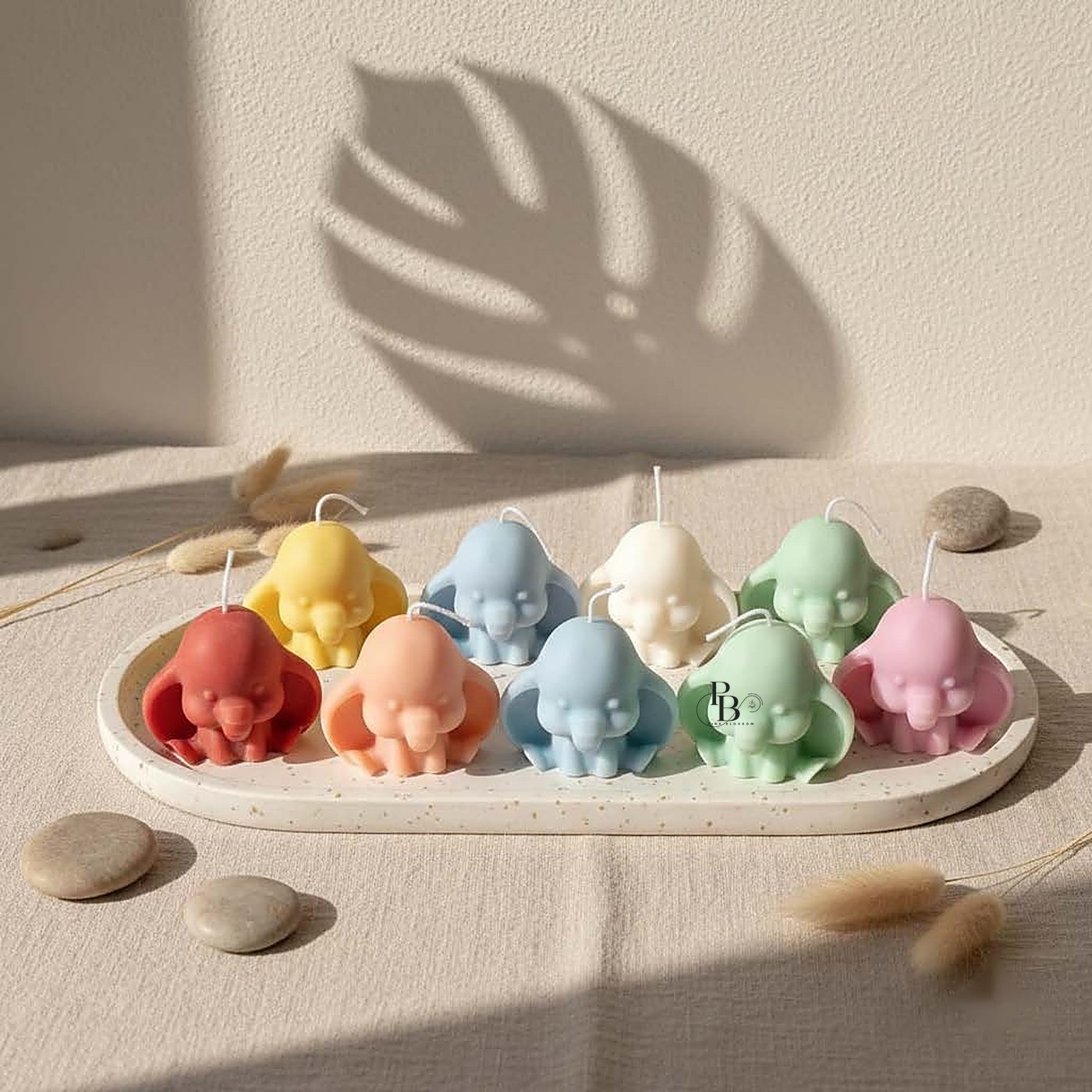 Pastel baby animal candles arranged on an oval tray, handmade soy wax, Pink Blossom bulk order