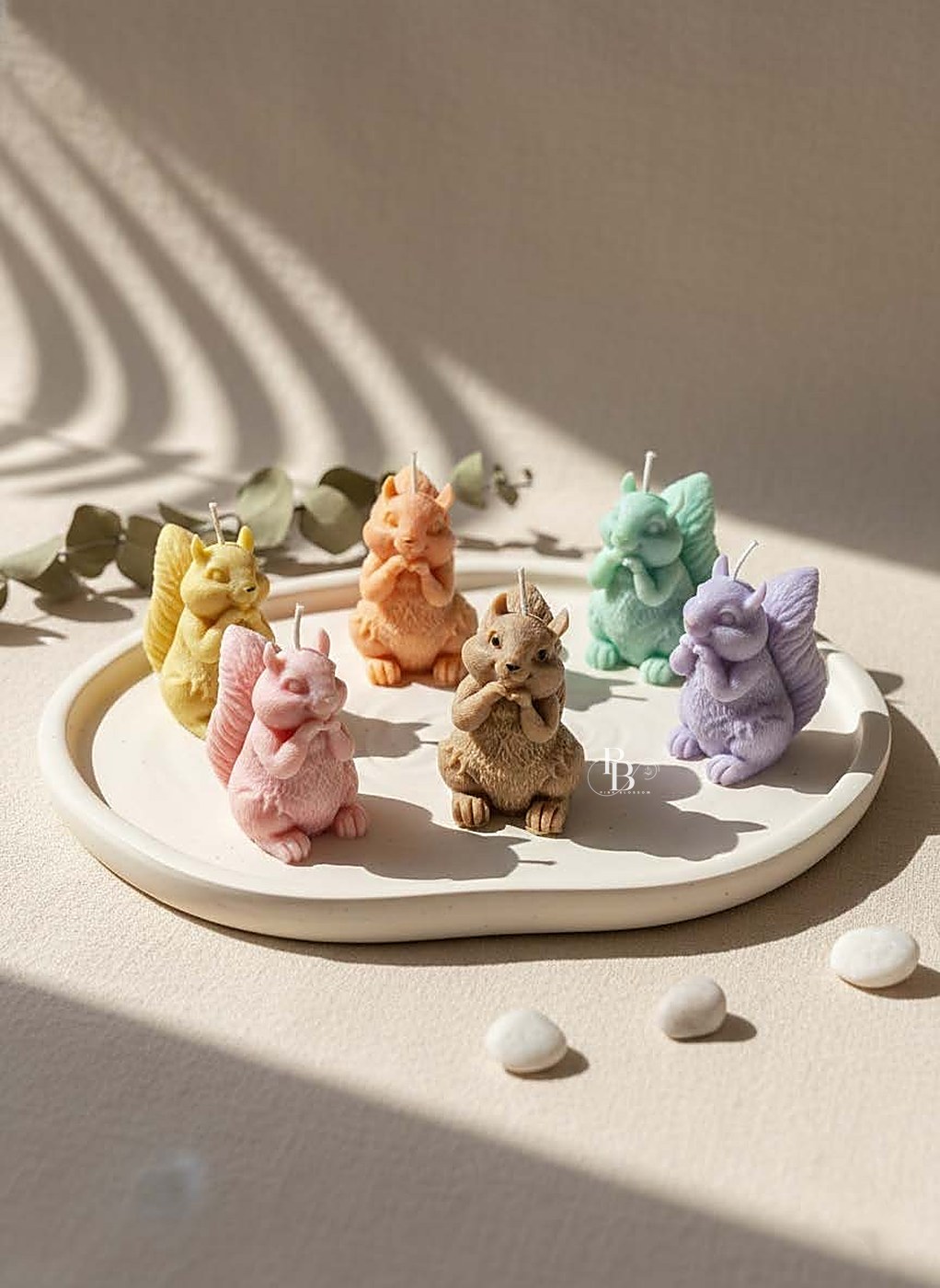 Pastel squirrel and fox animal candles on a white tray, handmade soy wax, Pink Blossom bulk order