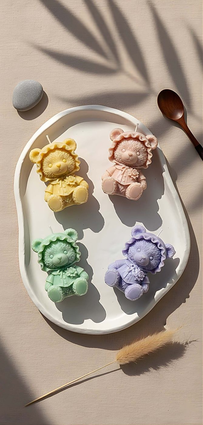 Pastel baby bears in animal costumes on a white tray, handmade soy wax, Pink Blossom bulk order