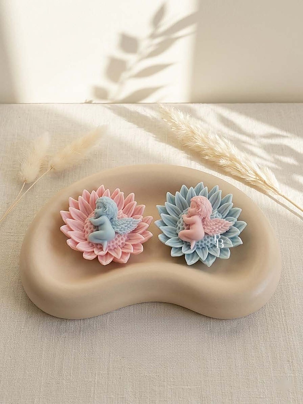 Two angel lotus candles on a curved beige tray, Pack of 2, handmade soy wax, Pink Blossom bulk order