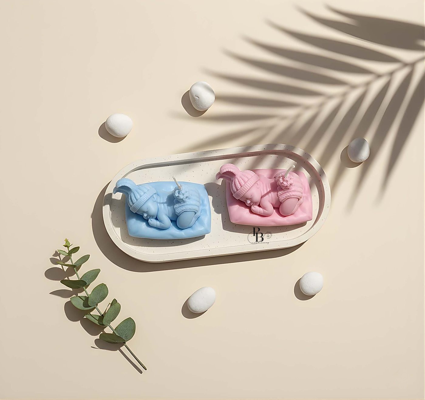Blue and pink sleeping baby relief candles on an oval tray, handmade soy wax, Pink Blossom bulk order