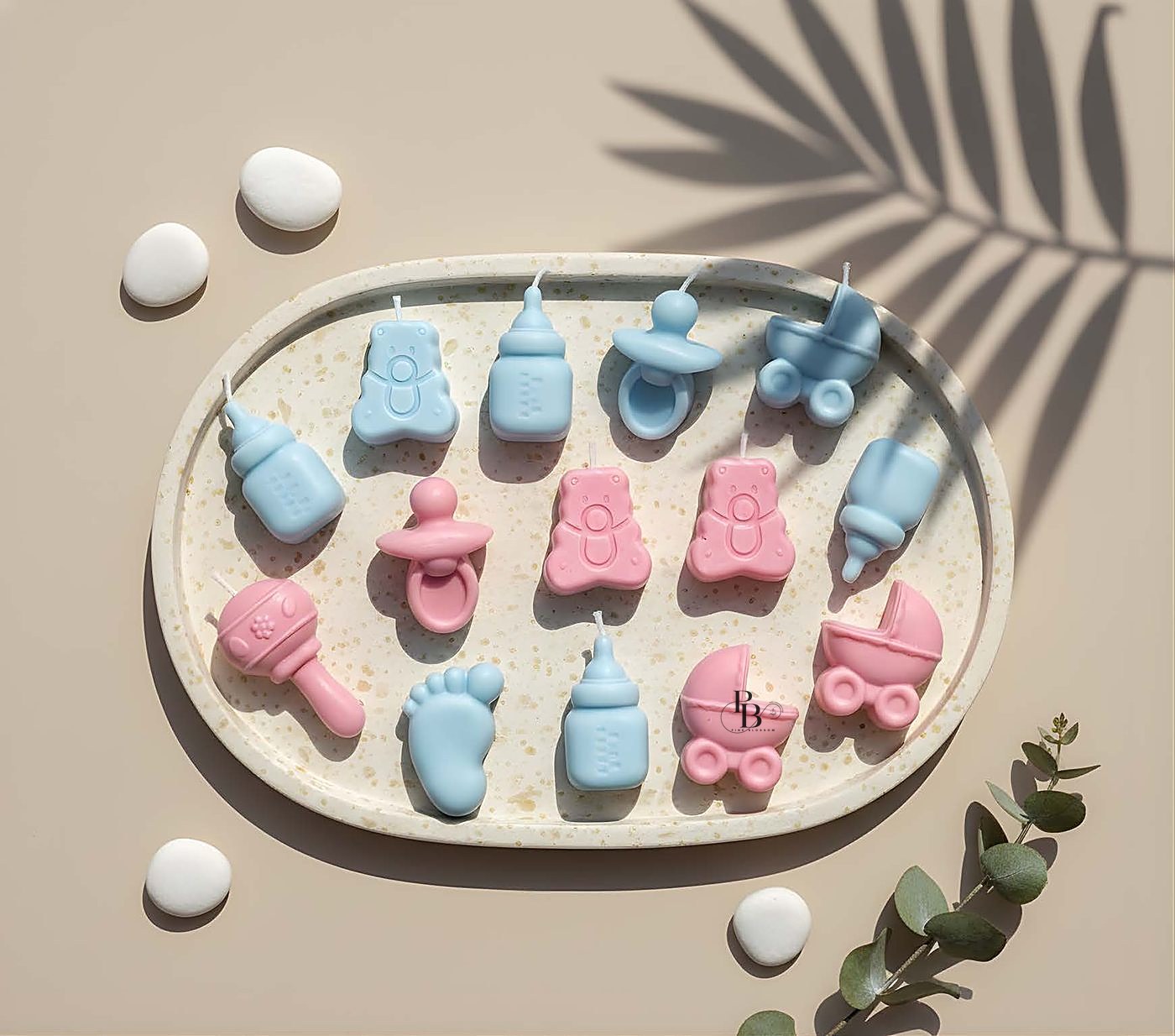 Tiny bottle, pram, teddy and footprint candles on an oval tray, handmade soy wax, Pink Blossom bulk order