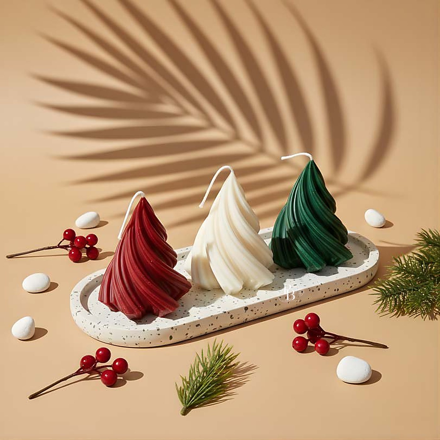 Twisted cone Christmas tree candles on a terrazzo tray, handmade soy wax, Pink Blossom bulk order