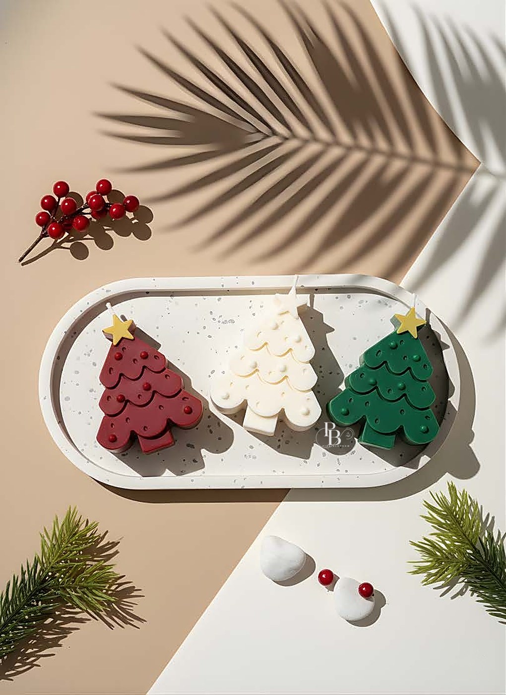 Flat Christmas tree candles with gold stars on tray, handmade soy wax, Pink Blossom bulk order