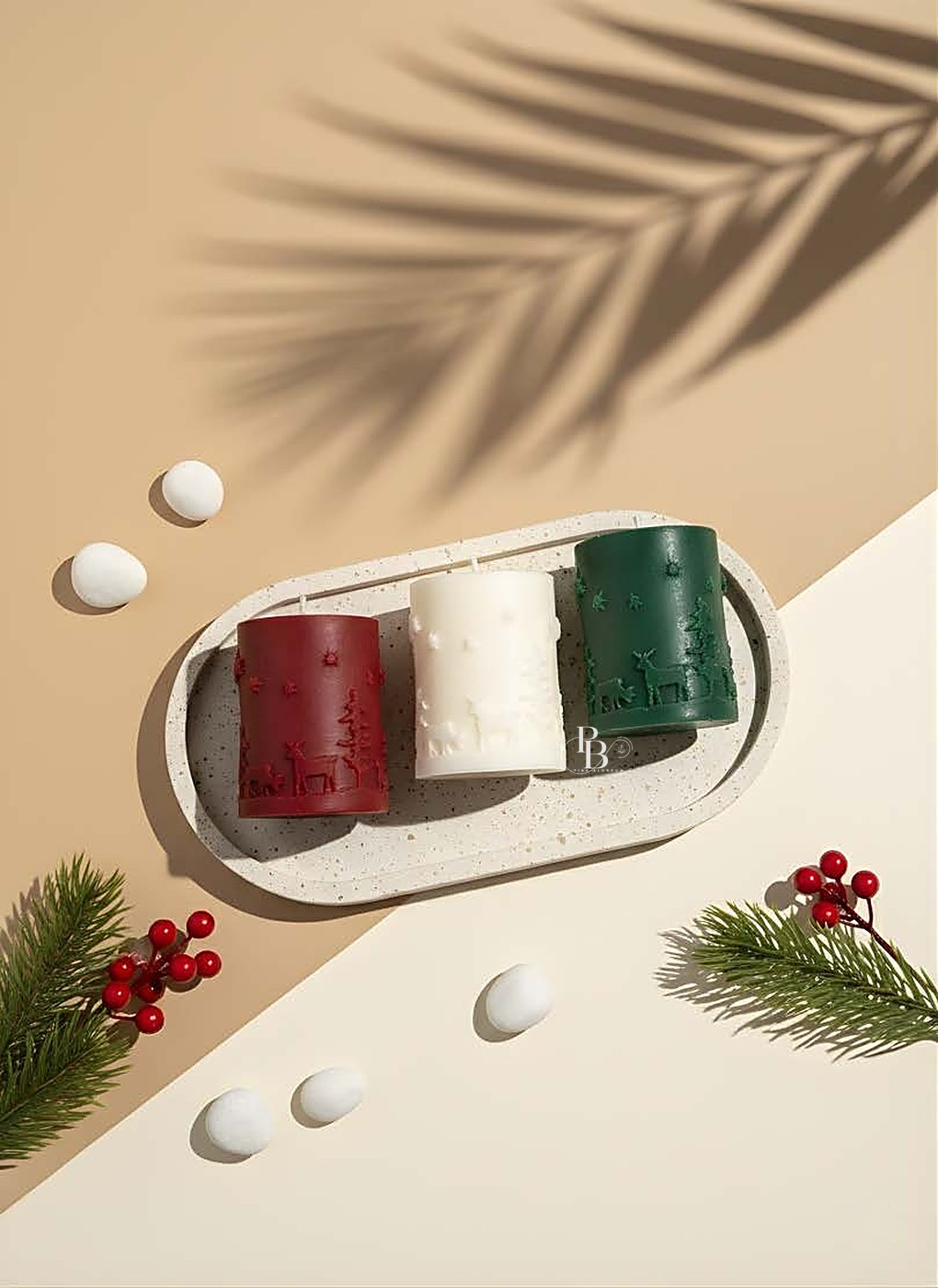 Red, white and green embossed pillar candles on tray, handmade soy wax, Pink Blossom bulk order