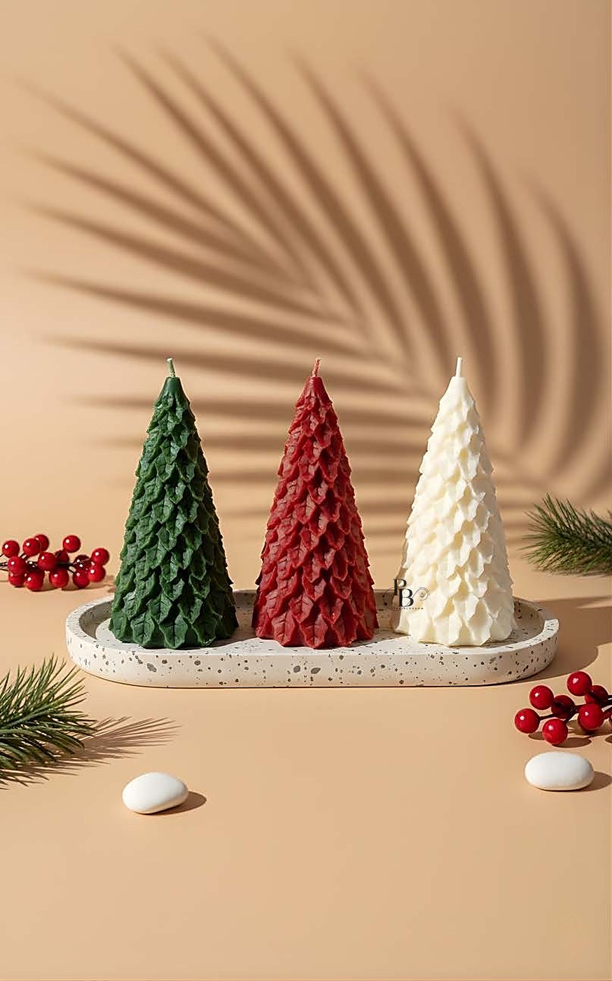 Scaled cone Christmas tree candles on a terrazzo tray, handmade soy wax, Pink Blossom bulk order