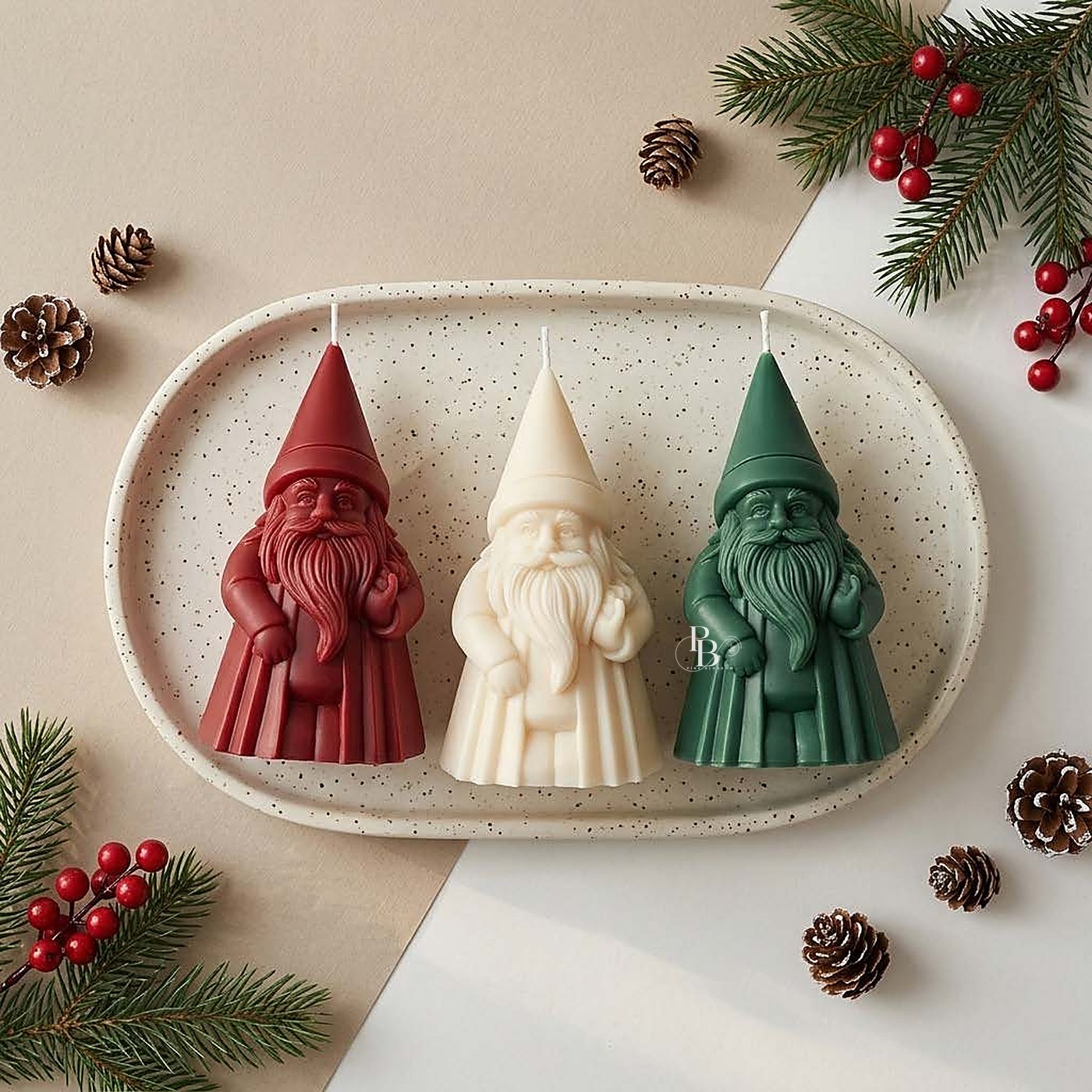 Red, white and green gnome candles on a tray, handmade soy wax, Pink Blossom bulk order