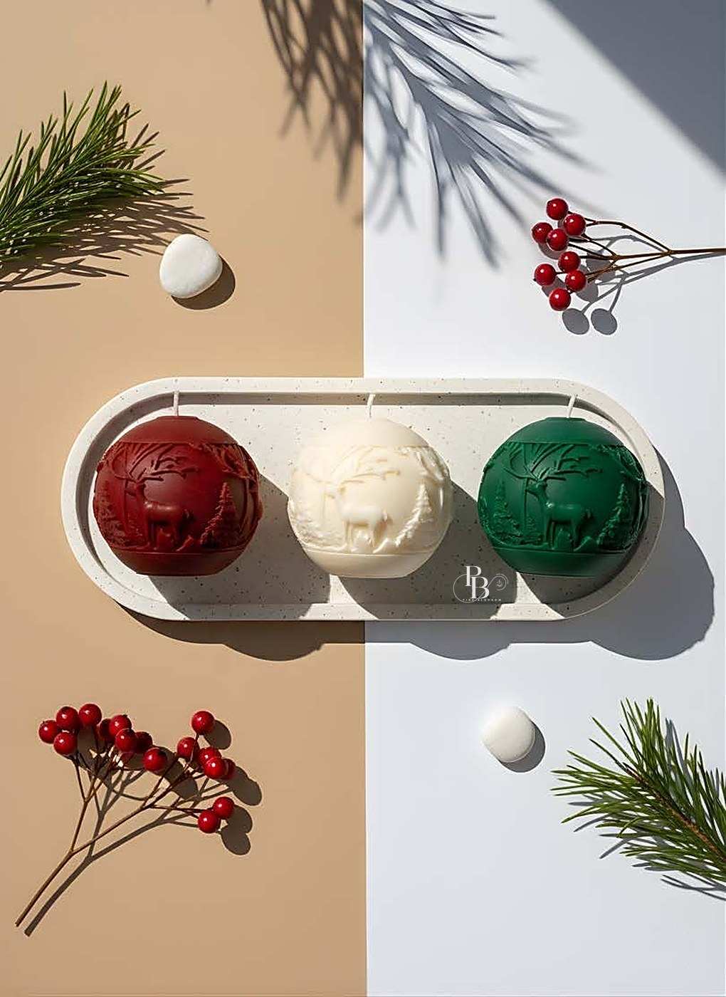 Red, white and green embossed sphere candles on tray, handmade soy wax, Pink Blossom bulk order