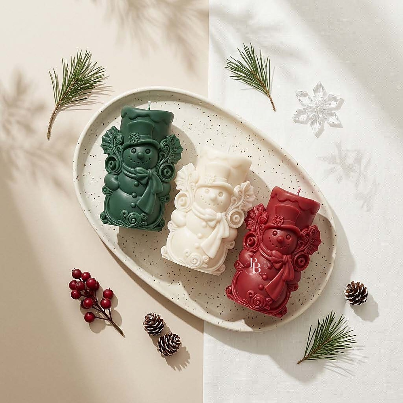 Green, white and red nutcracker candles on a tray, handmade soy wax, Pink Blossom bulk order