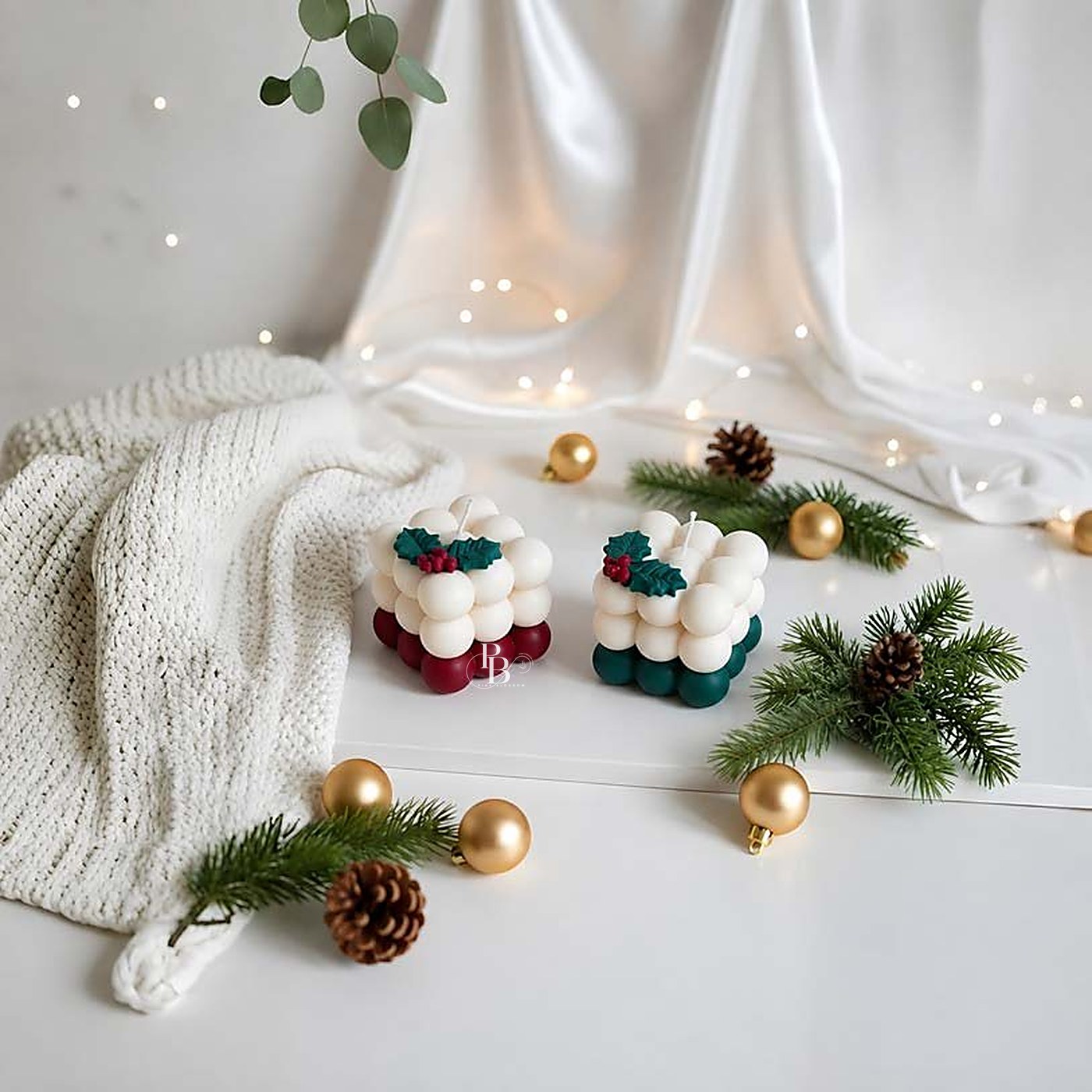 Bubble cube candles topped with holly among pine branches, handmade soy wax, Pink Blossom bulk order