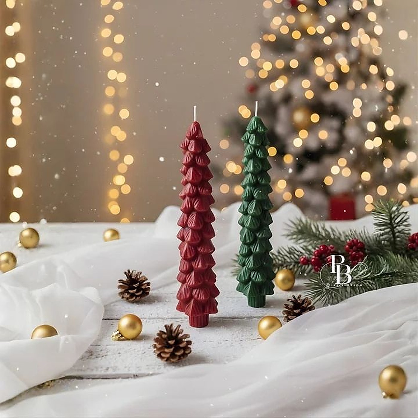 Tall red and green Christmas tree candles with lights, handmade soy wax, Pink Blossom bulk order