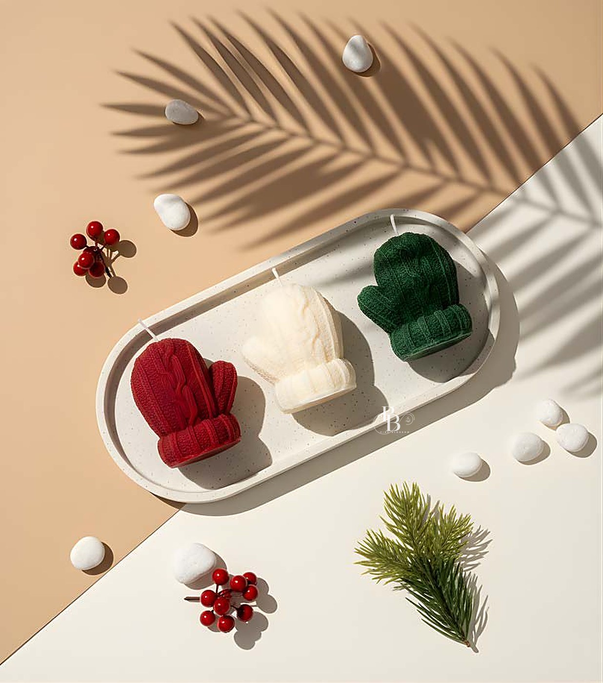 Red, white and green knitted mitten candles on tray, handmade soy wax, Pink Blossom bulk order