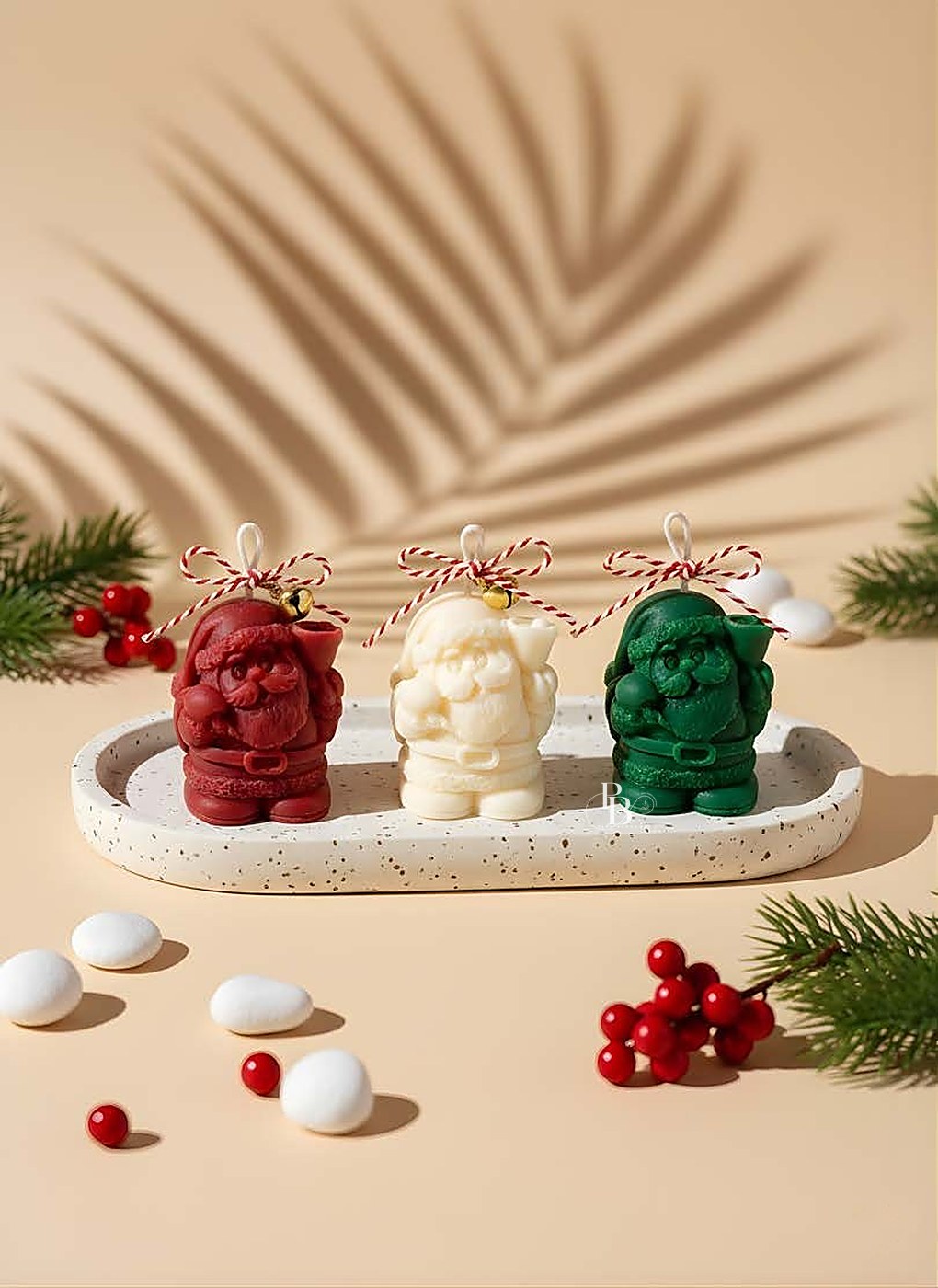 Santa figure candles with hanging string on a tray, handmade soy wax, Pink Blossom bulk order