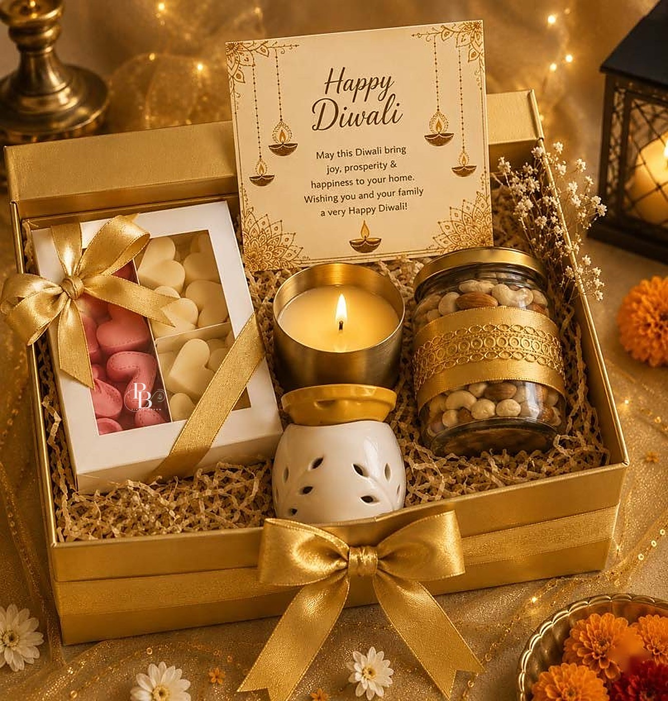 Gold Diwali hamper with candle, diffuser, wax melts and dry fruit jar, handmade soy wax, Pink Blossom bulk order