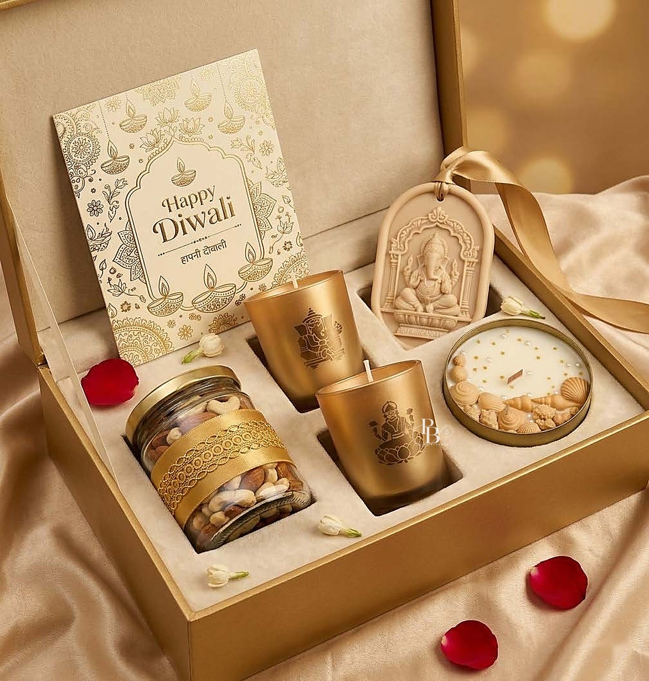 Cream box with gold jar candles, Ganesha sachet and dry fruit jar, handmade soy wax, Pink Blossom bulk order