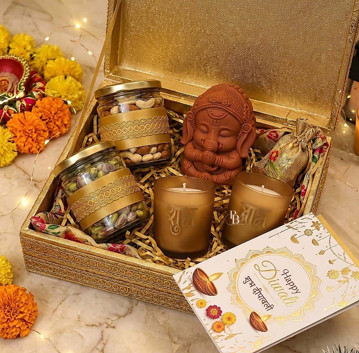 Gold hamper with Ganesha idol, gold jar candles and dry fruit jars, handmade soy wax, Pink Blossom bulk order