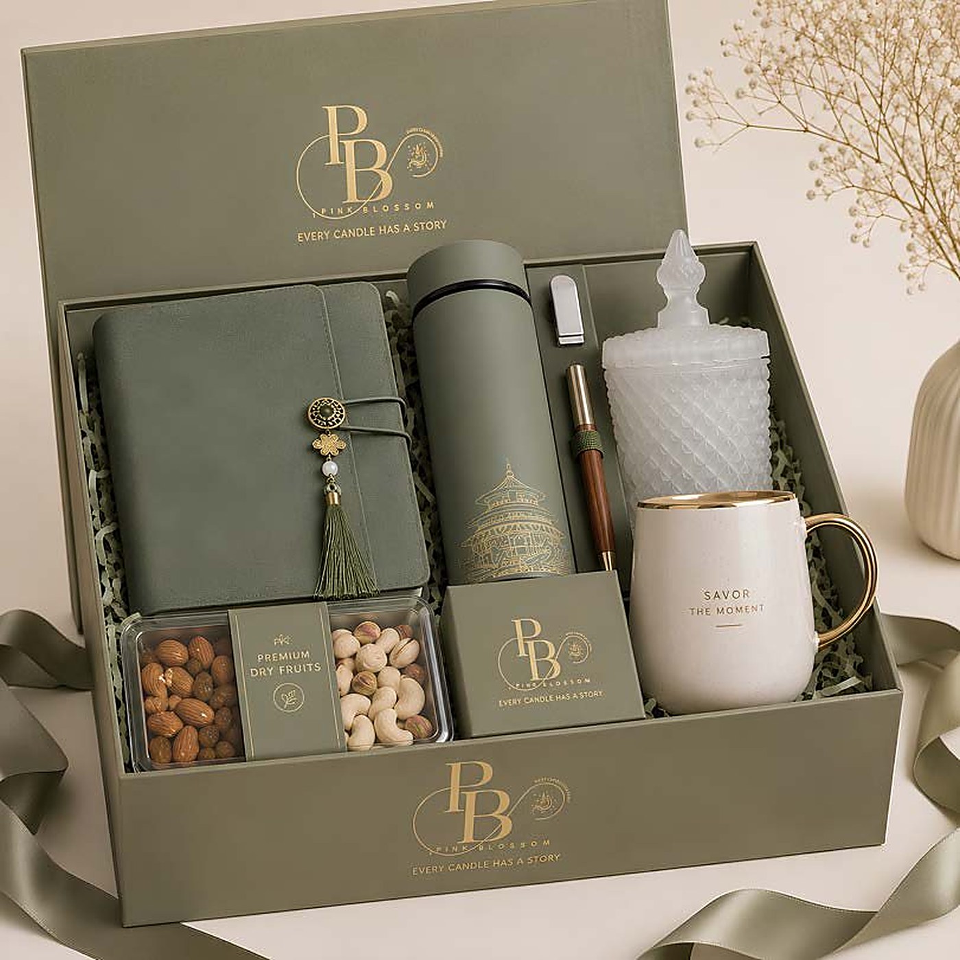 Sage green gift box with diary, flask, mug, candle and dry fruits, handmade soy wax, Pink Blossom bulk order