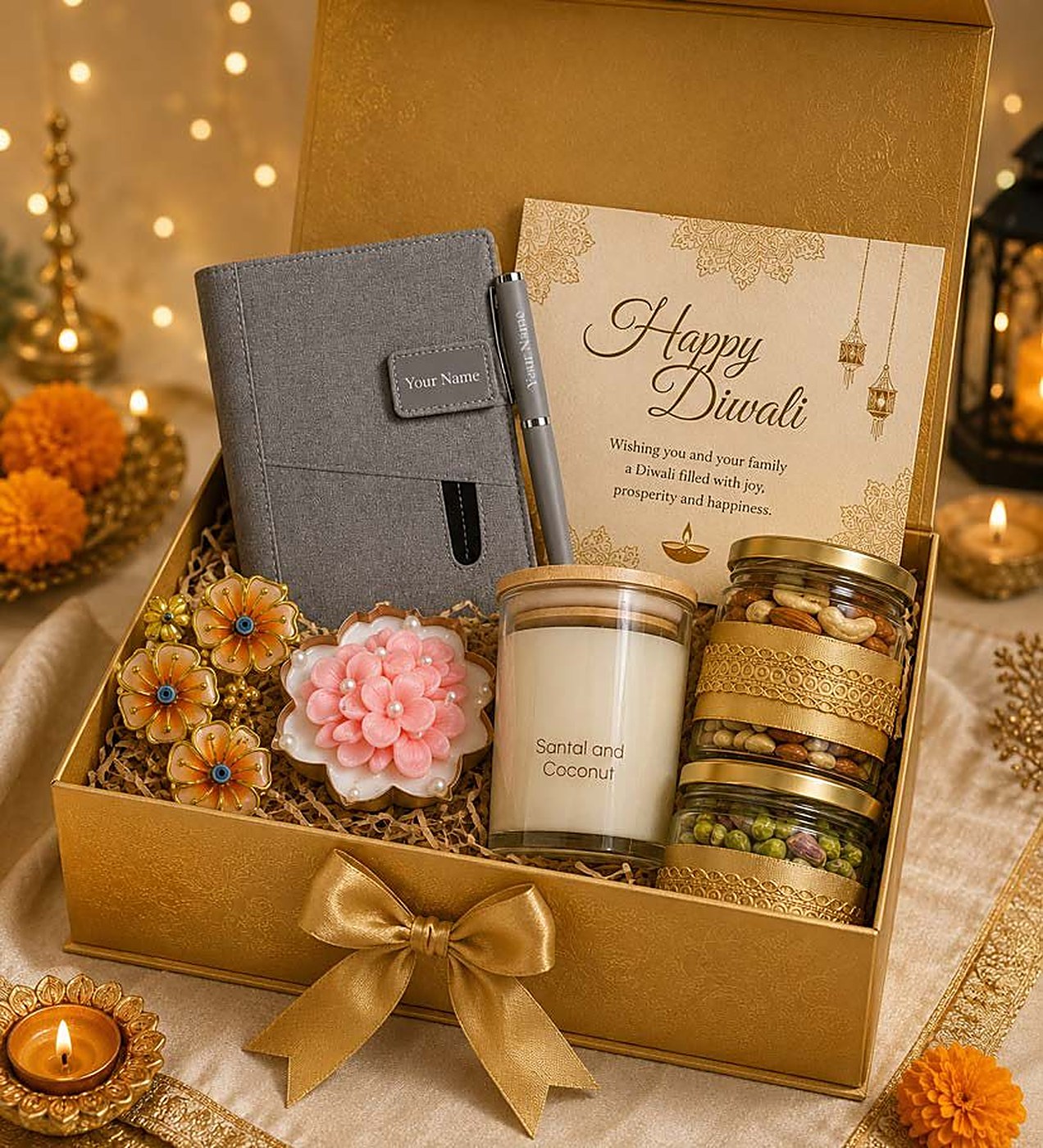 Gold hamper with diary, pen, floral candles, jar candle and dry fruits, handmade soy wax, Pink Blossom bulk order