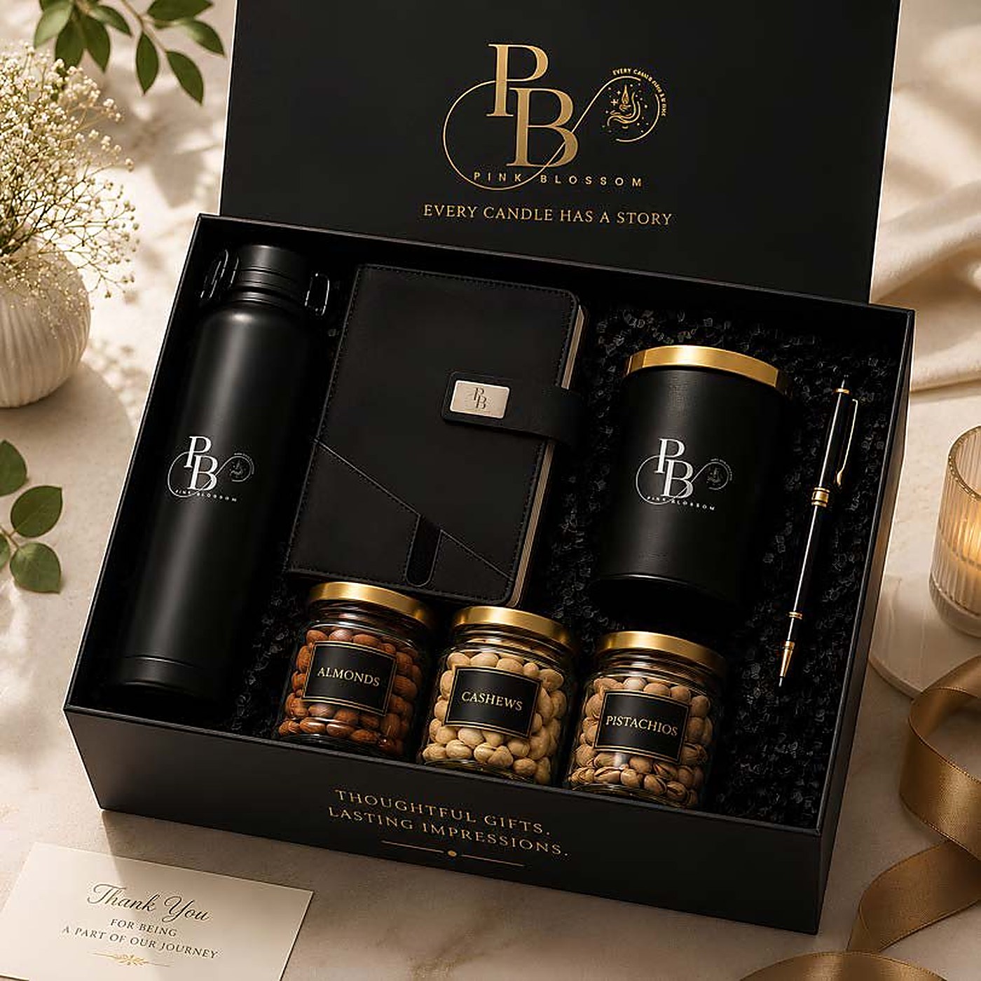Black gift box with bottle, diary, candle, pen and three nut jars, handmade soy wax, Pink Blossom bulk order