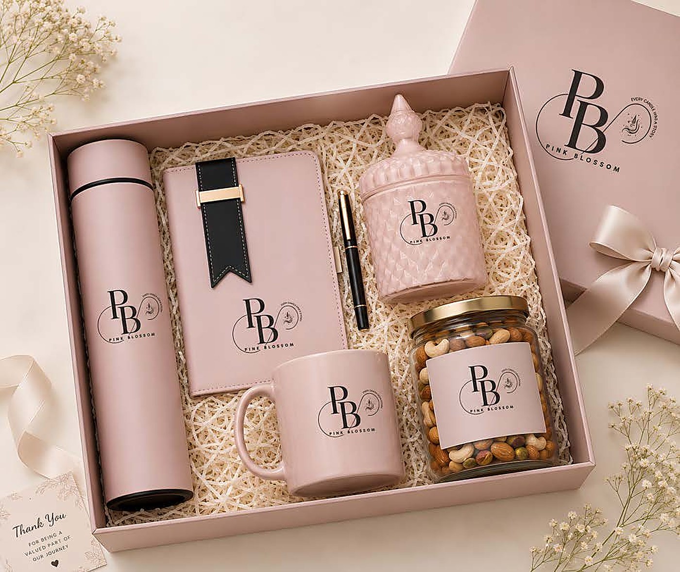 Pink gift box with flask, diary, mug, glass candle and nuts, handmade soy wax, Pink Blossom bulk order