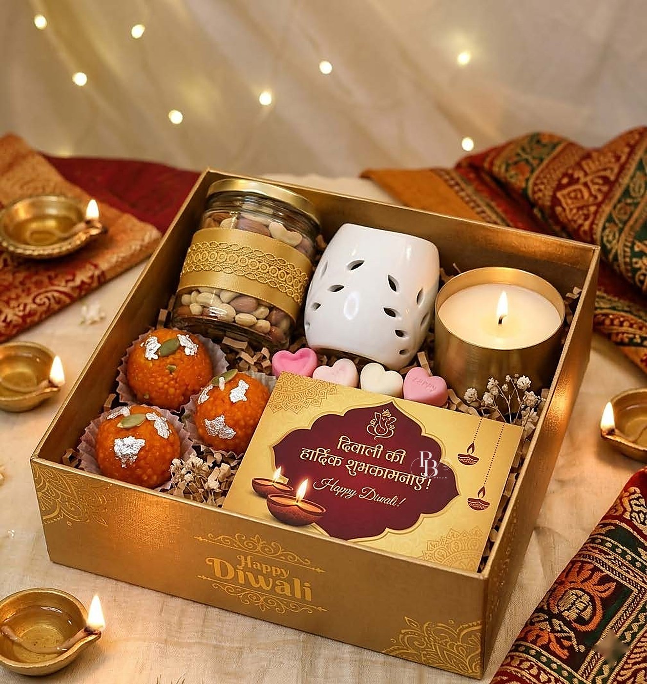 Diwali gift box with ladoo candles, diffuser, jar candle and dry fruits, handmade soy wax, Pink Blossom bulk order