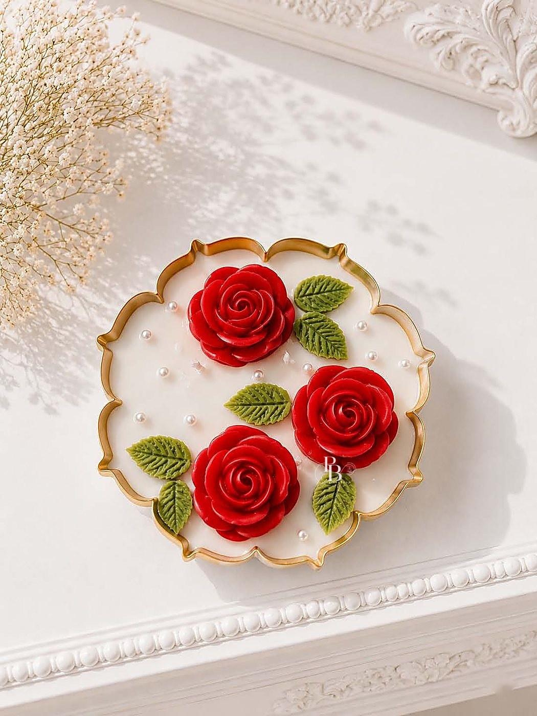 Scalloped gold urli candle topped with three red roses, 6.5 Inch Urli, handmade soy wax, Pink Blossom bulk order