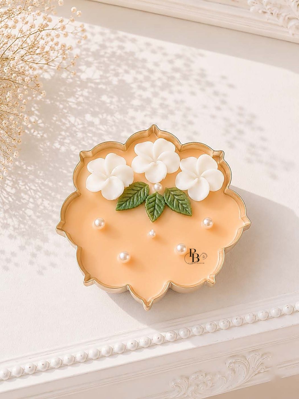 Peach scalloped urli candle topped with white plumeria flowers, 3.5Inch Urli, handmade soy wax, Pink Blossom bulk order