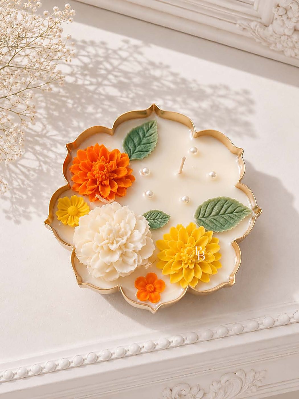 Scalloped gold urli candle with orange, yellow and white blooms, 6.5 Inch Urli, handmade soy wax, Pink Blossom bulk order