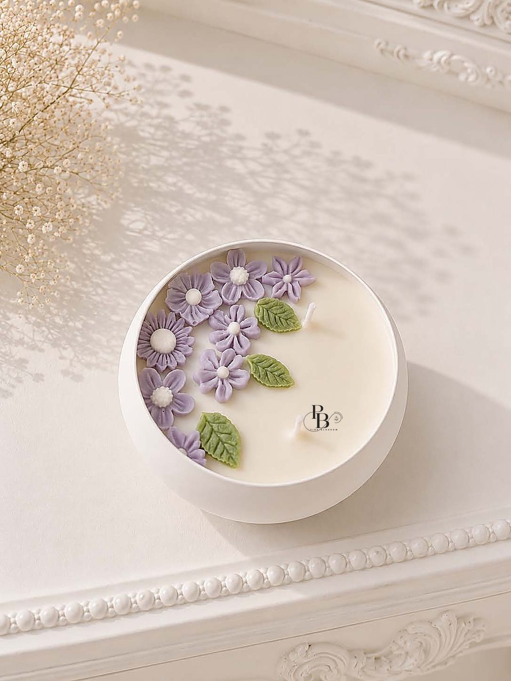 White bowl candle with lavender flowers along one side, 5 Inch Urli, handmade soy wax, Pink Blossom bulk order