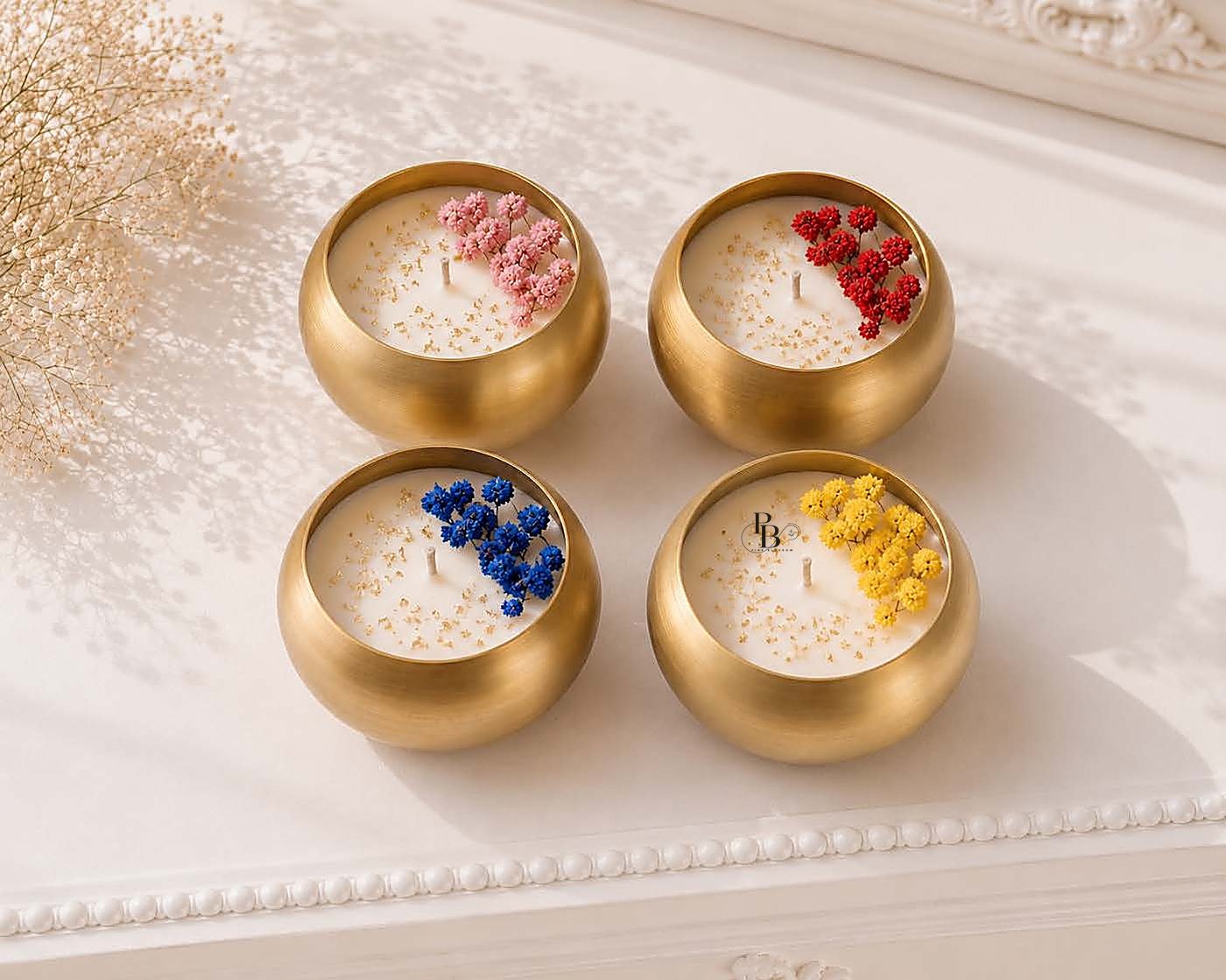 Four gold bowl candles topped with dried flowers, 3 Inch Urli, handmade soy wax, Pink Blossom bulk order