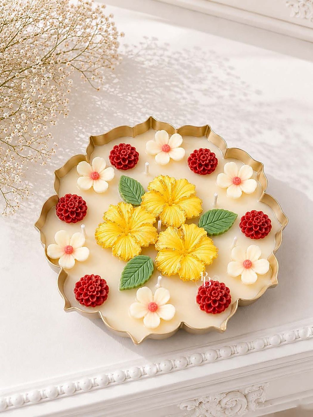 Scalloped gold urli candle with yellow hibiscus and red blooms, 6.5 Inch Urli, handmade soy wax, Pink Blossom bulk order