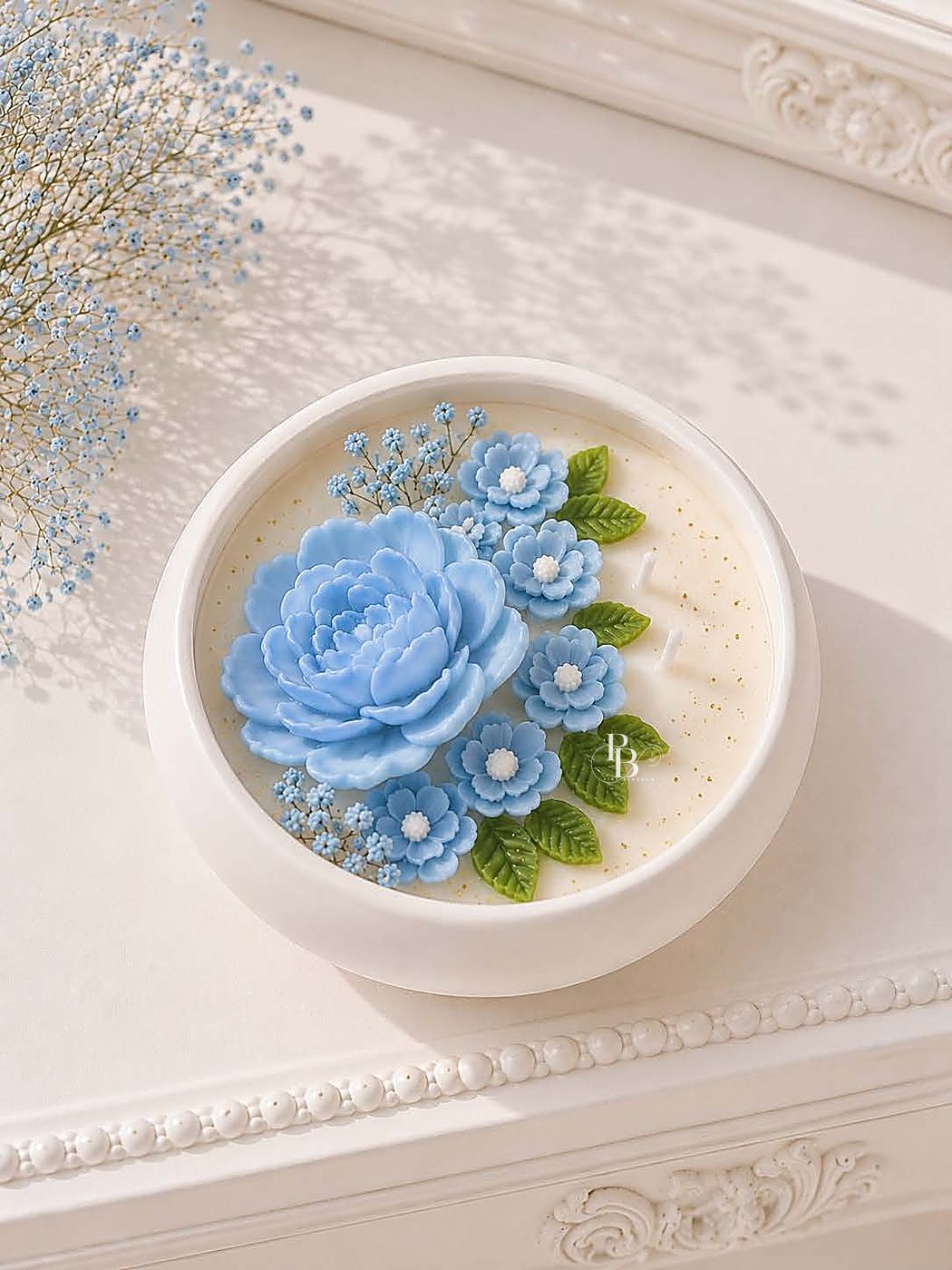 White bowl candle topped with blue peony and small flowers, 5 Inch Urli, handmade soy wax, Pink Blossom bulk order