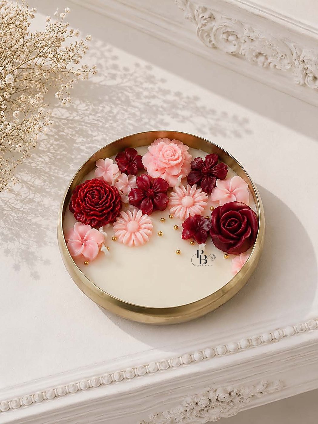 Round gold urli candle filled with assorted pink and red flowers, 4 Inch Urli, handmade soy wax, Pink Blossom bulk order