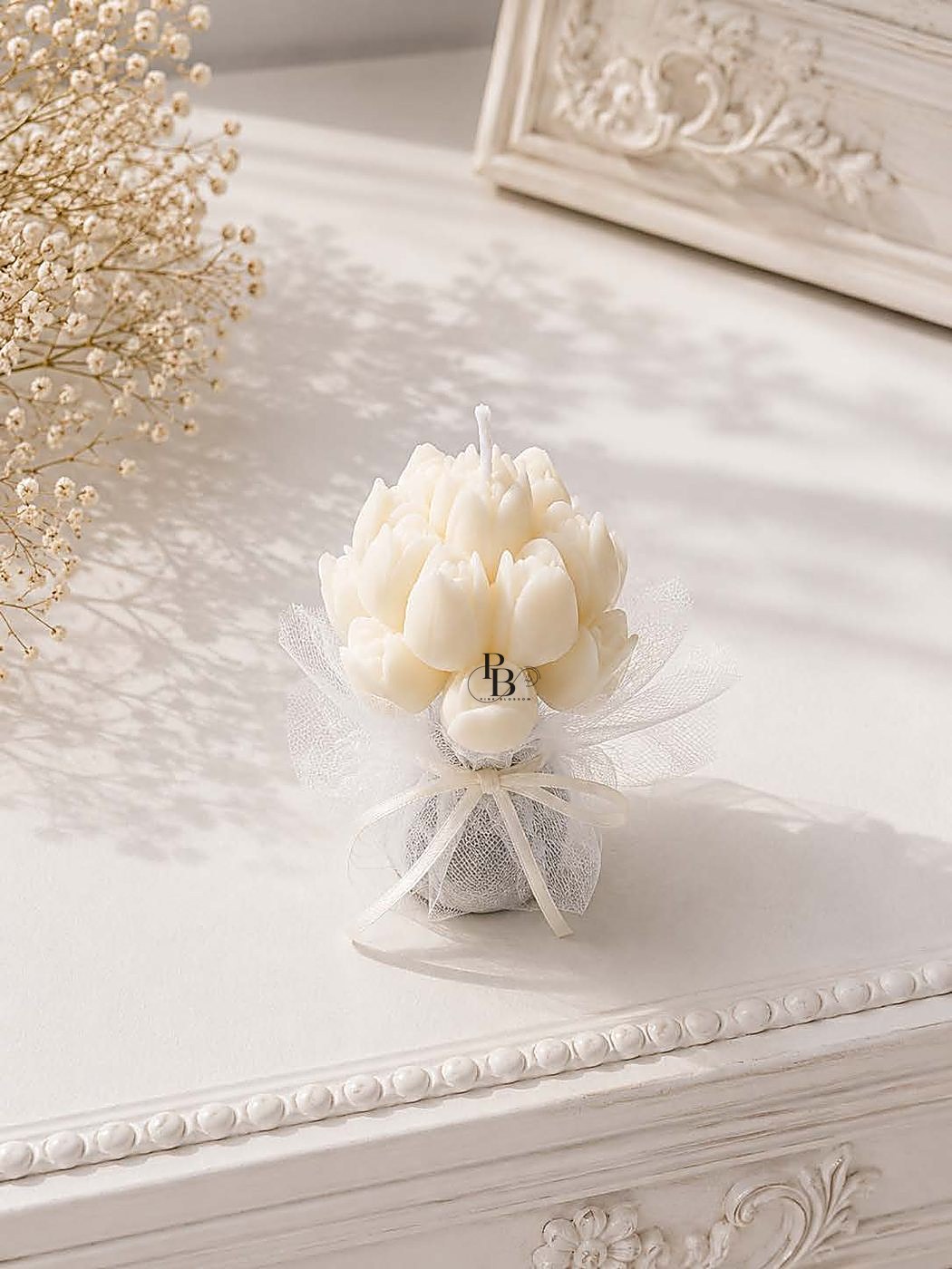 White tulip bouquet candle wrapped in tulle, handmade soy wax, Pink Blossom bulk order