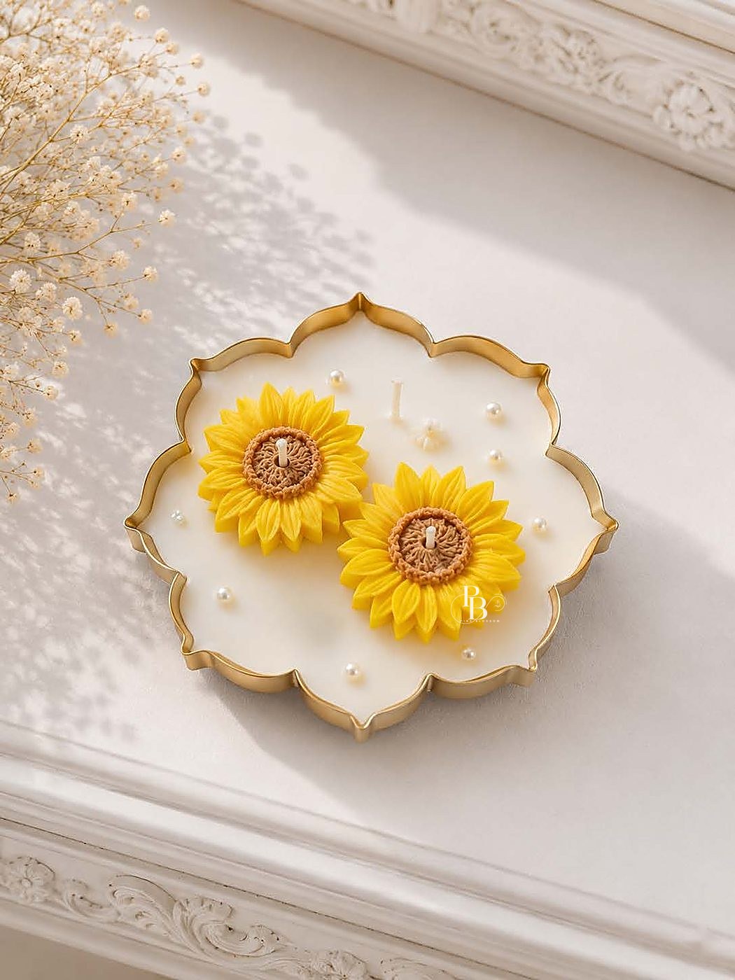 Scalloped gold urli candle topped with two sunflowers, 5.5 Inch Urli, handmade soy wax, Pink Blossom bulk order