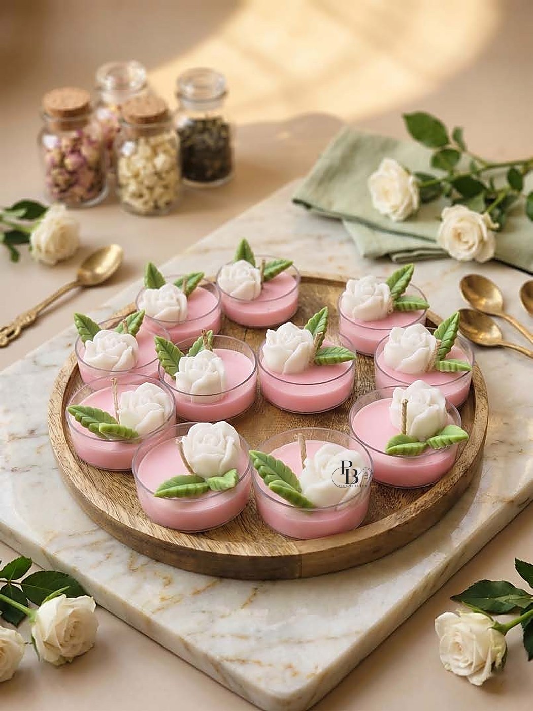 Pink votive candles topped with white roses on a wooden tray, handmade soy wax, Pink Blossom bulk order