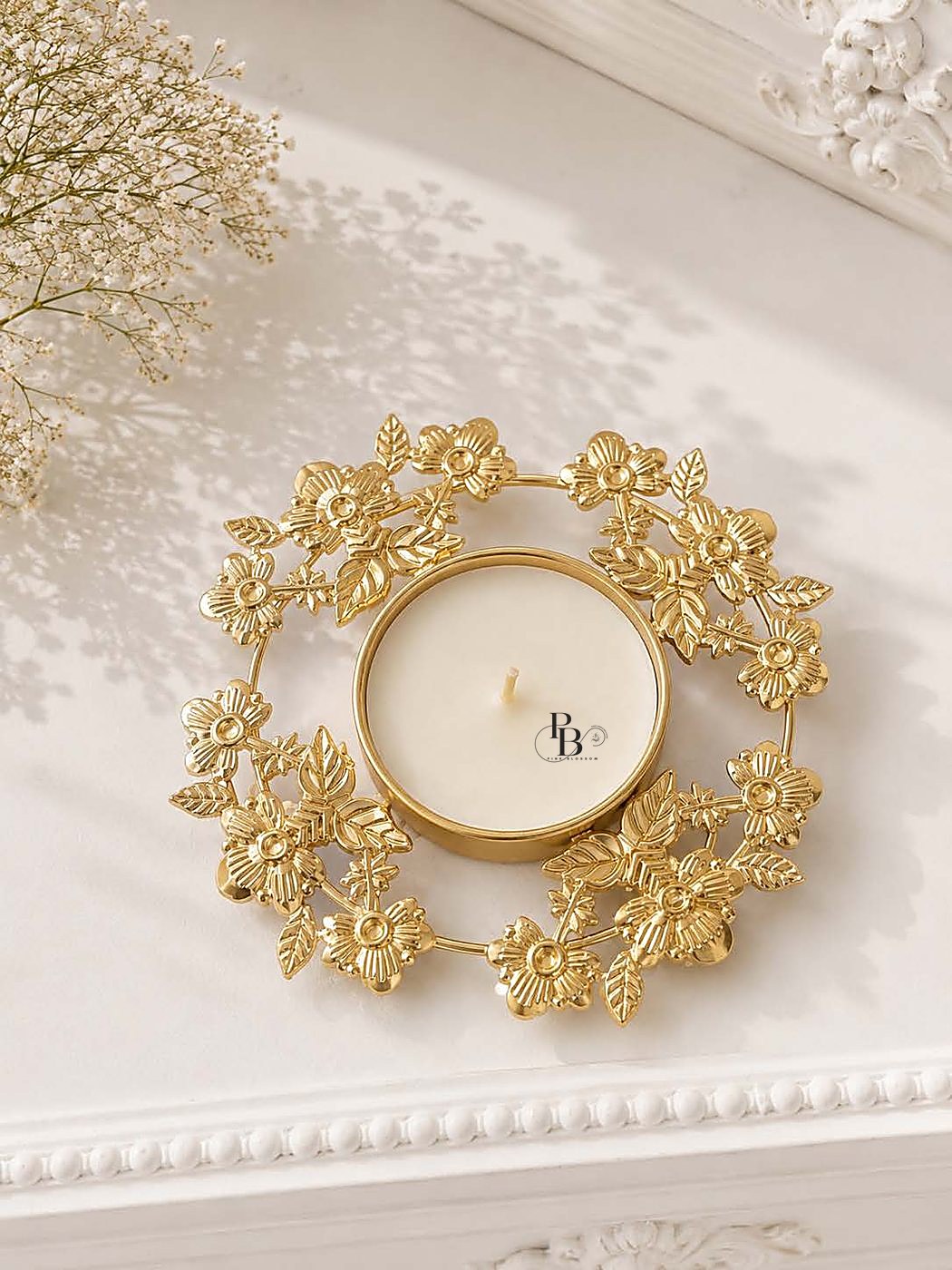 Tealight candle set in an ornate gold floral holder, 5 Inch Urli, handmade soy wax, Pink Blossom bulk order