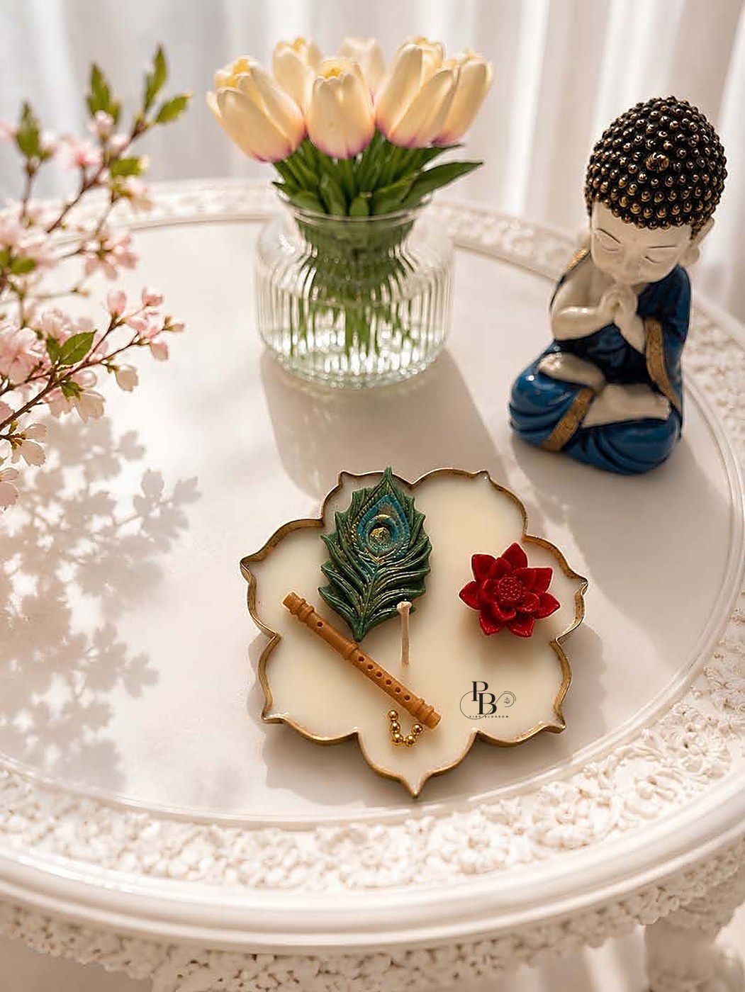 Urli candle with peacock feather, flute and red flower beside a figurine, 3.5Inch Urli, handmade soy wax, Pink Blossom bulk order