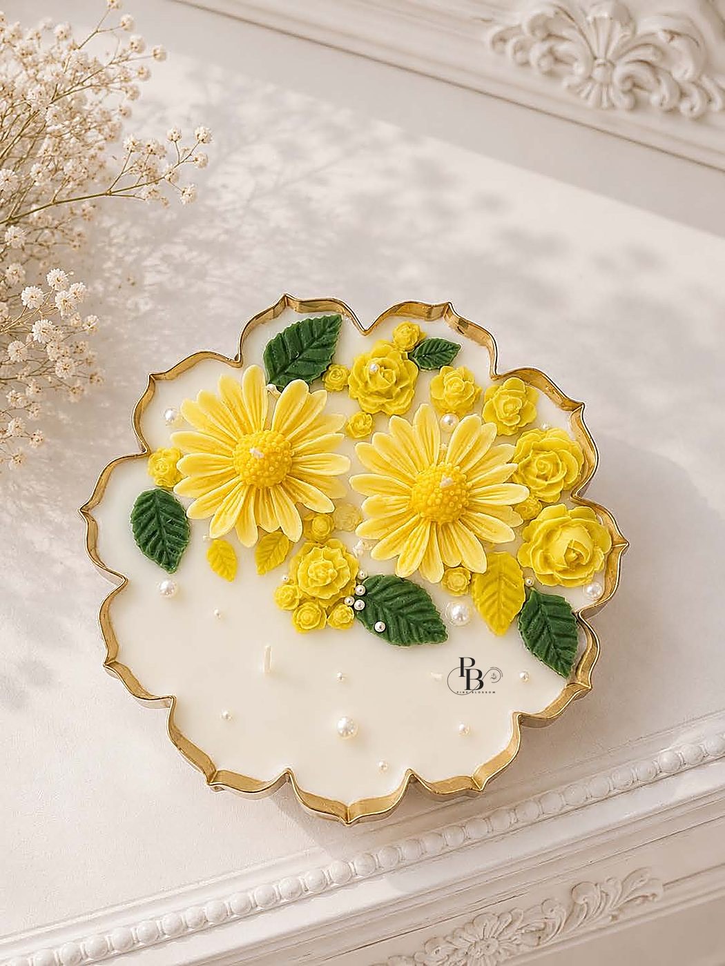 Scalloped gold urli candle with yellow daisies and roses, 6.5 Inch Urli, handmade soy wax, Pink Blossom bulk order