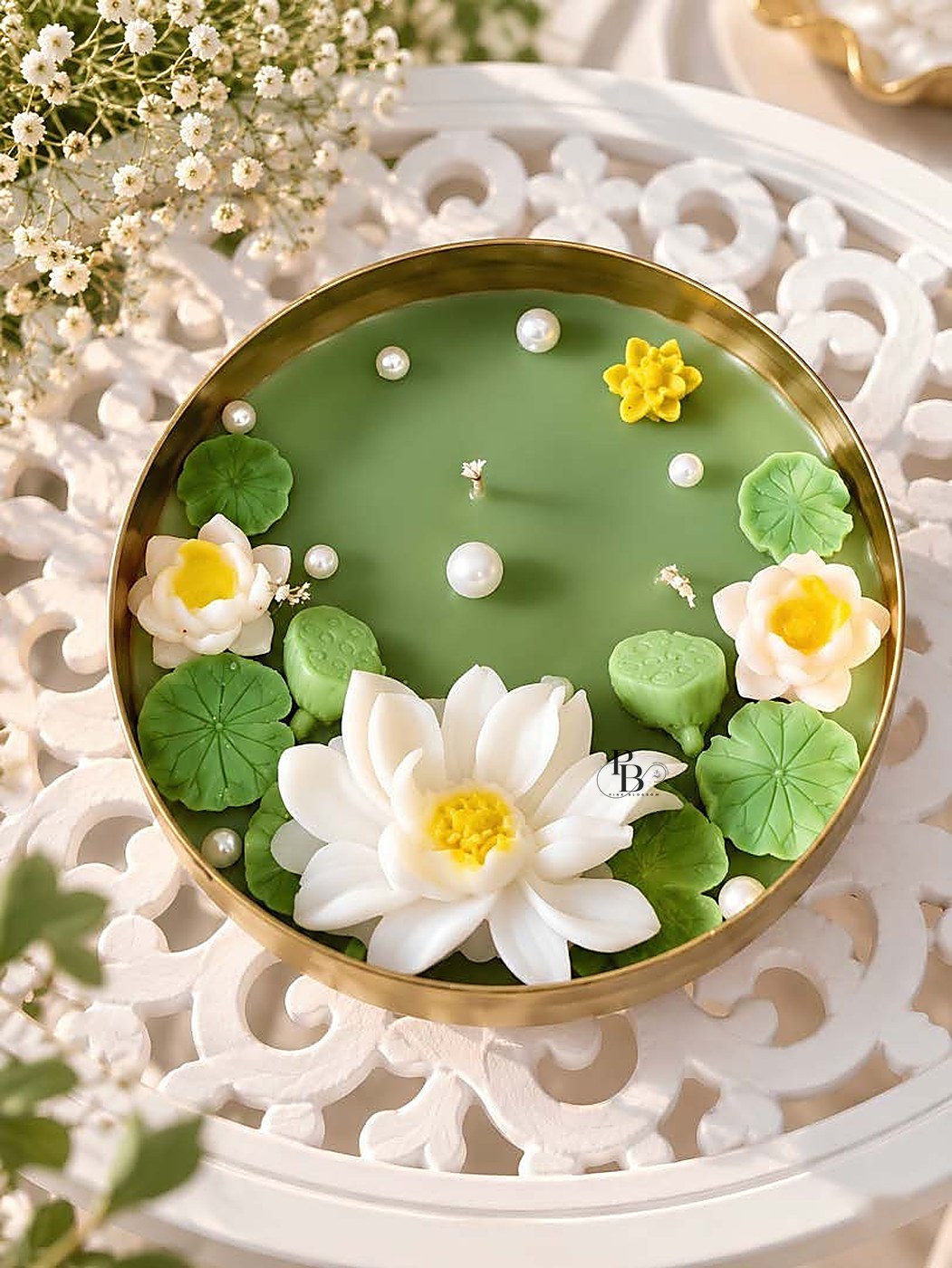 Green urli candle with white lotus flowers, lily pads and pearls, 6 Inch Urli, handmade soy wax, Pink Blossom bulk order