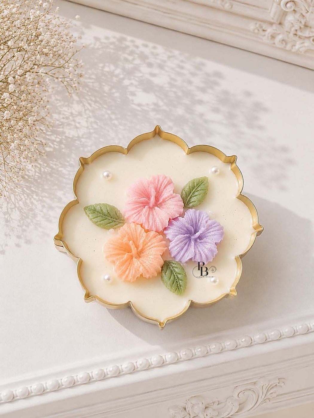 Scalloped gold urli candle topped with three carnation flowers, 4.5Inch Urli, handmade soy wax, Pink Blossom bulk order