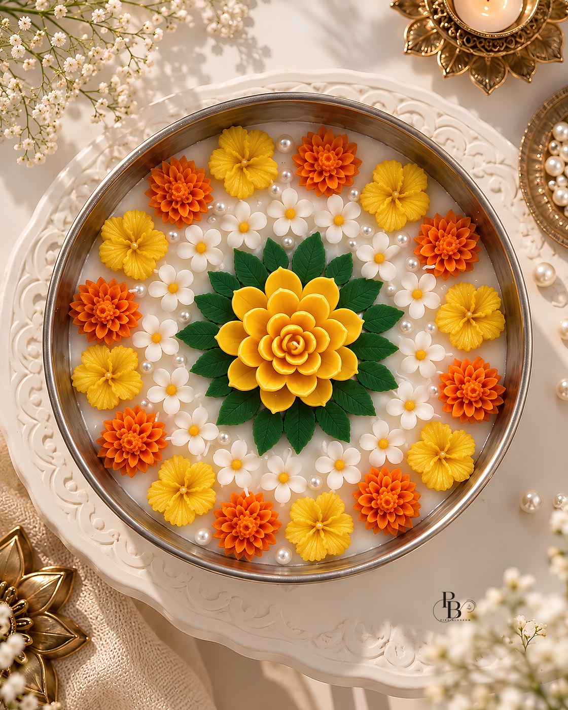 Hand-poured 9 inch floral urli candle with marigold and daisy blooms
